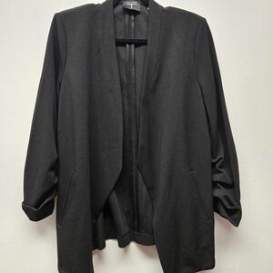 T Tahari Open Front Black Blazer Large Rouched Sleeves Collarless Workwear EUC